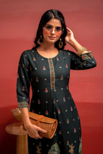 Thumbnail for Juniper Dark Green Festive Straight Kurta With Heritage Motifs - Distacart