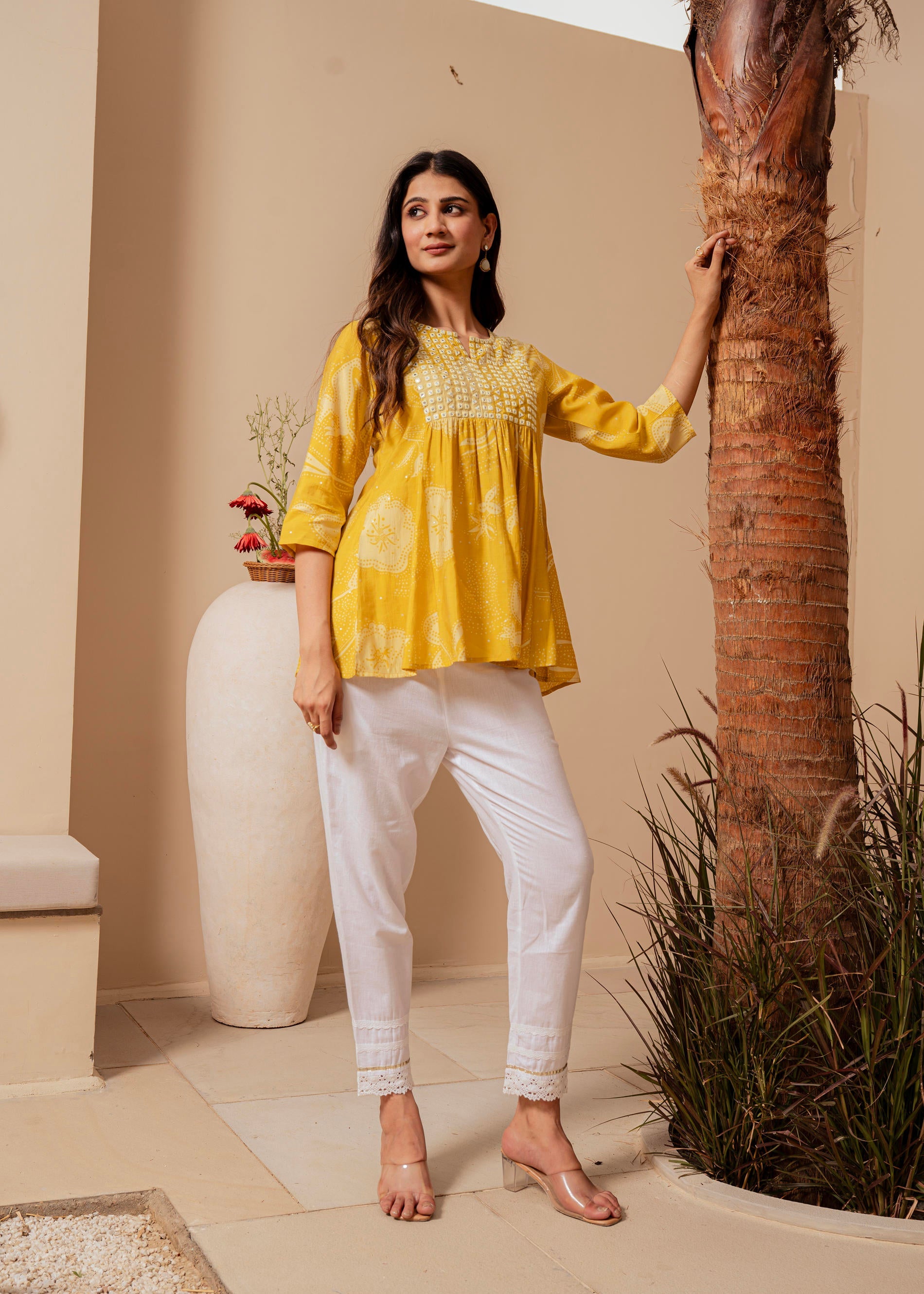 Juniper Mustard Ethnic Motifs Viscose Tunic With Thread Work And Mirror Detailing