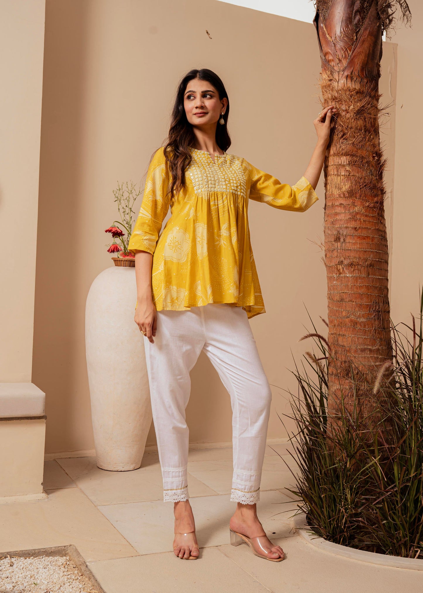 Juniper Mustard Ethnic Motifs Viscose Tunic With Thread Work And Mirror Detailing - Distacart