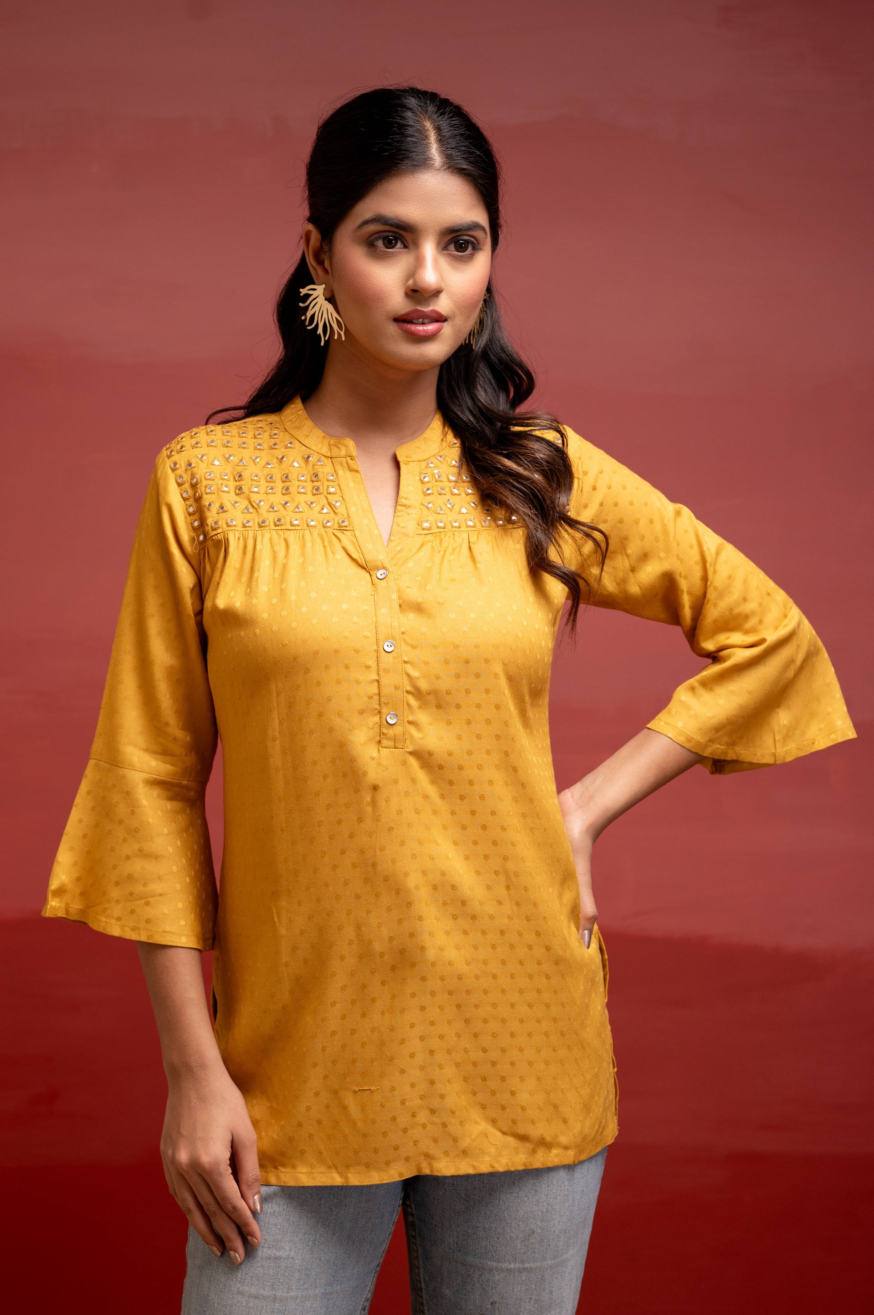 Juniper Mustard Polka Dot Viscose Tunic With Thread Work, Mirror & Button Detailing