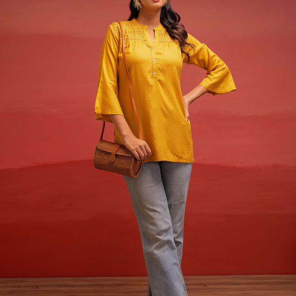 Juniper Mustard Polka Dot Viscose Tunic With Thread Work, Mirror & Button Detailing