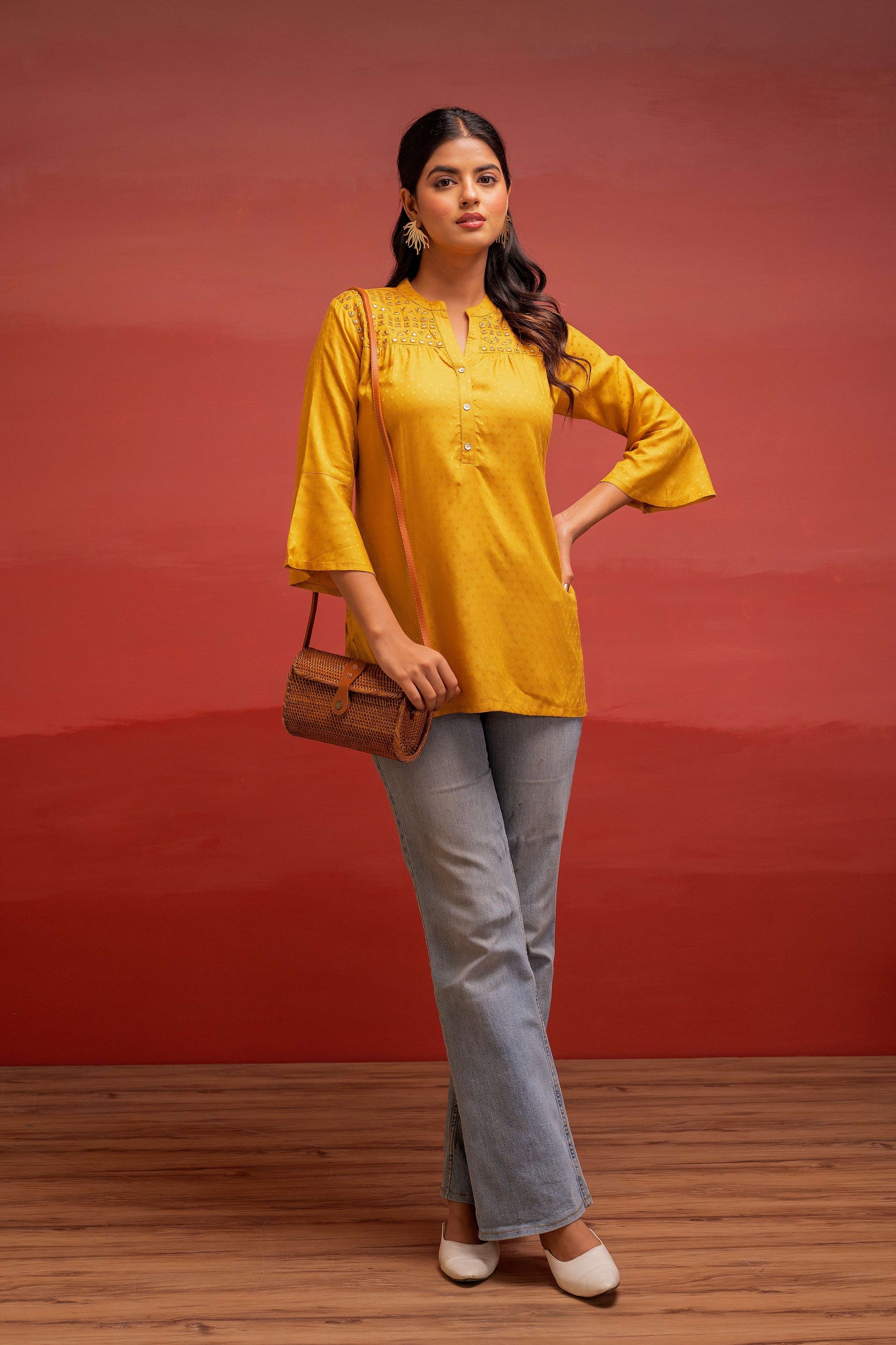 Juniper Mustard Polka Dot Viscose Tunic With Thread Work, Mirror & Button Detailing - Distacart