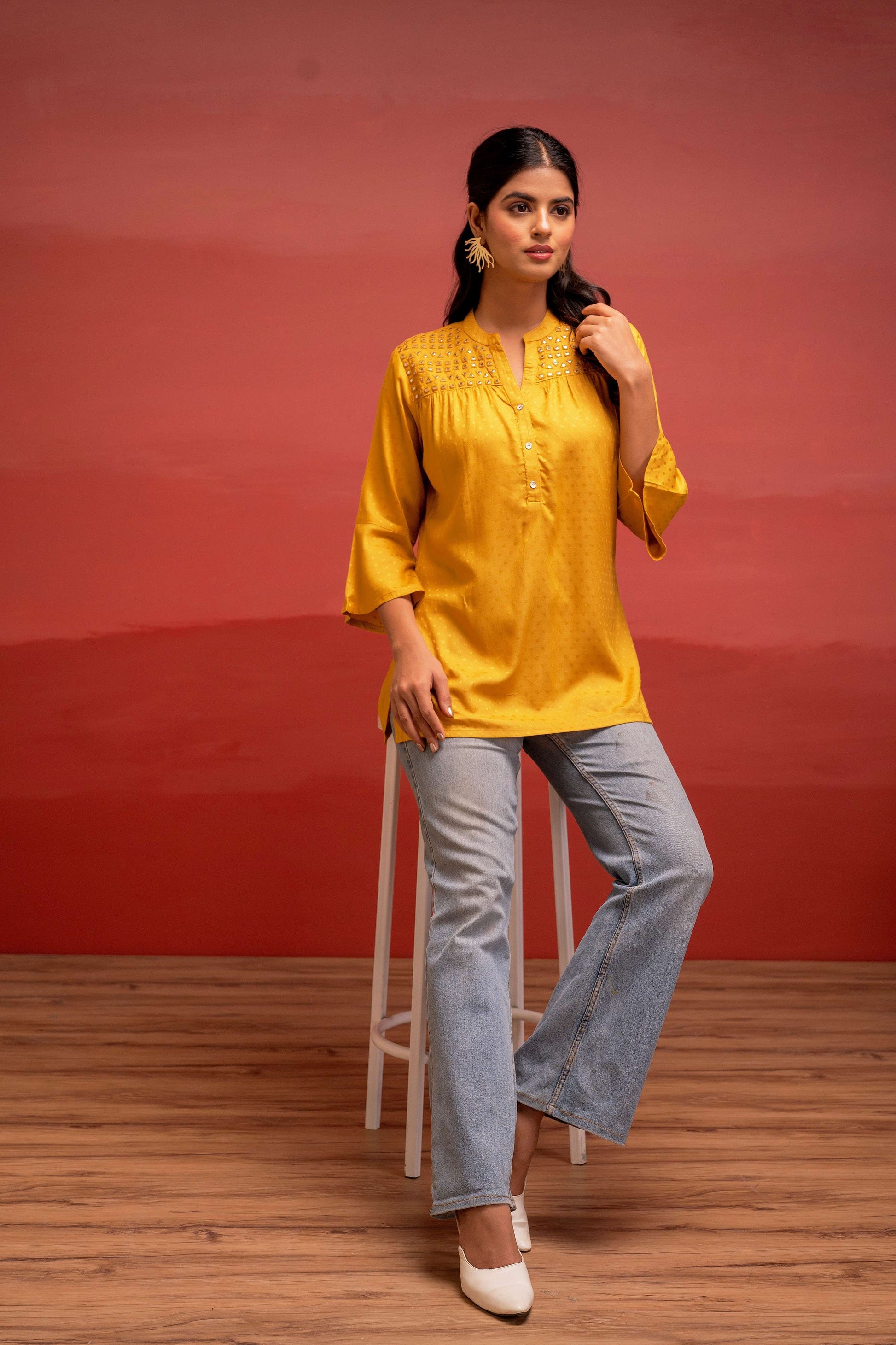 Juniper Mustard Polka Dot Viscose Tunic With Thread Work, Mirror & Button Detailing - Distacart