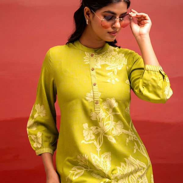 Juniper Lime Floral Printed Viscose Tunic With Button Detailing