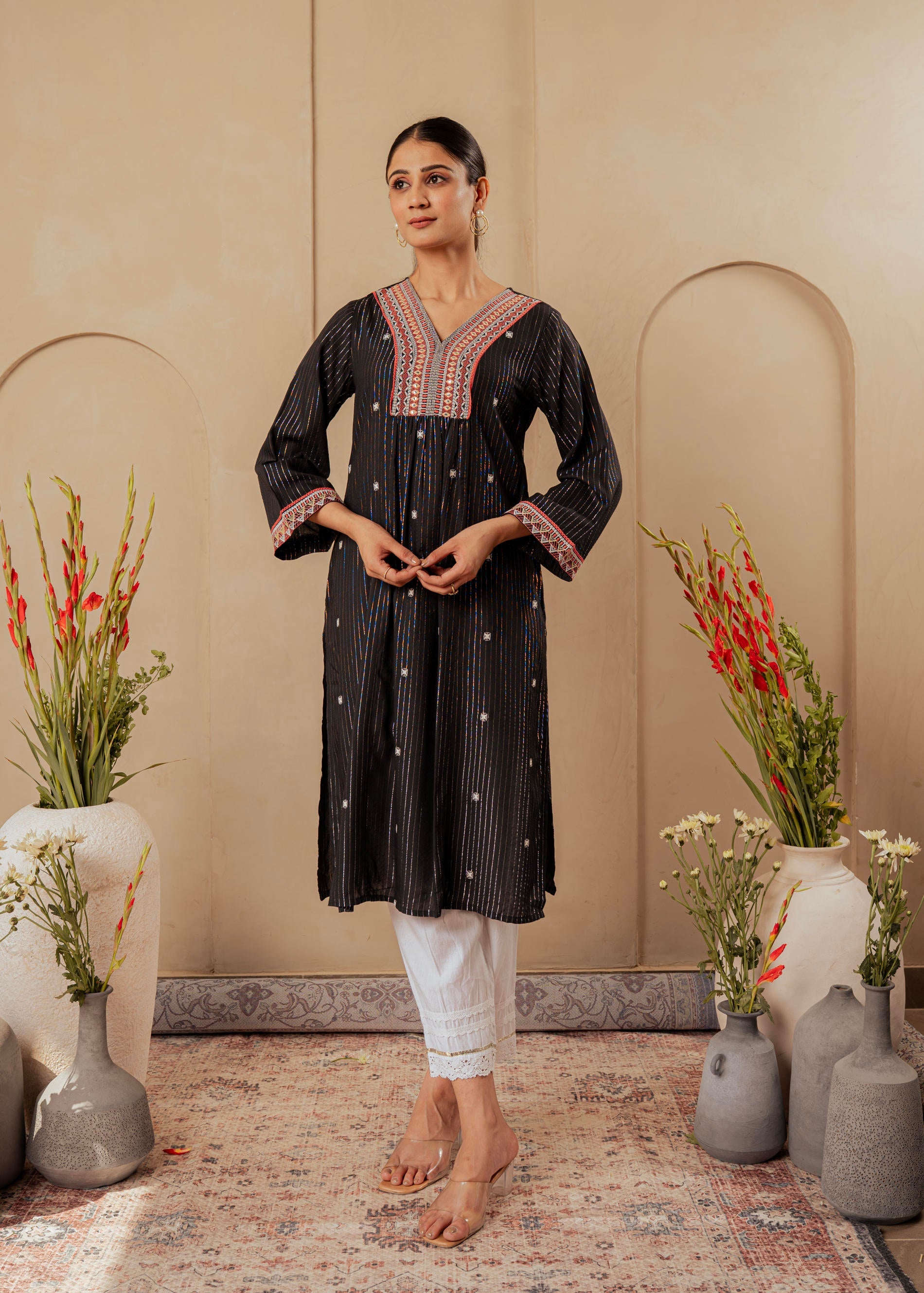 Juniper Black Striped Viscose Kurta With Embroidered Thread Work And Mirror Detailing