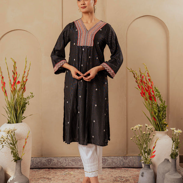 Juniper Black Striped Viscose Kurta With Embroidered Thread Work And Mirror Detailing