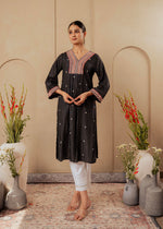 Thumbnail for Juniper Black Striped Viscose Kurta With Embroidered Thread Work And Mirror Detailing