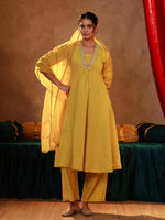 Thumbnail for Juniper Yellow Viscose Flared Kurta Pant And Dupatta Set With Zari, Sequin & Lace Work - Distacart
