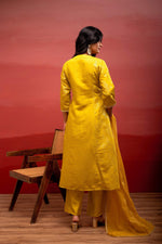 Thumbnail for Juniper Yellow Viscose Flared Kurta Pant And Dupatta Set With Zari, Sequin & Lace Work - Distacart