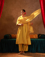 Thumbnail for Juniper Yellow Viscose Flared Kurta Pant And Dupatta Set With Zari, Sequin & Lace Work - Distacart