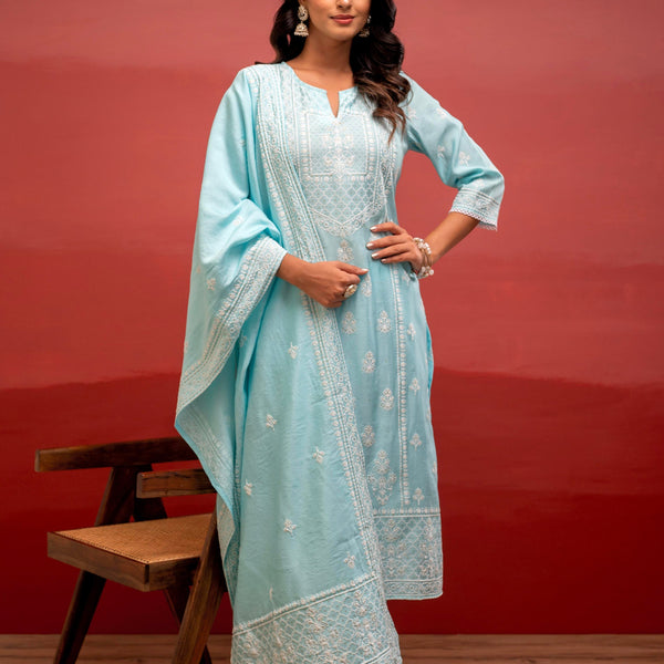 Juniper Sky Blue Solid Viscose Kurta, Pant & Dupatta Set With Thread Work, Beads & Sequence