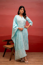 Thumbnail for Juniper Sky Blue Solid Viscose Kurta, Pant & Dupatta Set With Thread Work, Beads & Sequence