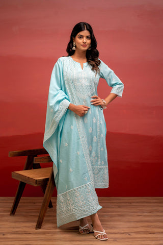 Juniper Sky Blue Solid Viscose Kurta, Pant & Dupatta Set With Thread Work, Beads & Sequence