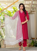 Thumbnail for Juniper Fuchsia Solid Man Made Fiber Kurta, Pant & Dupatta Set With Thread Work