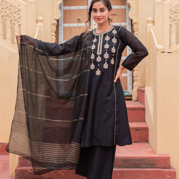 Juniper Man Made Fiber Black Embroidered Kurta Pant And Dupatta Set With Zari Work And Sequin