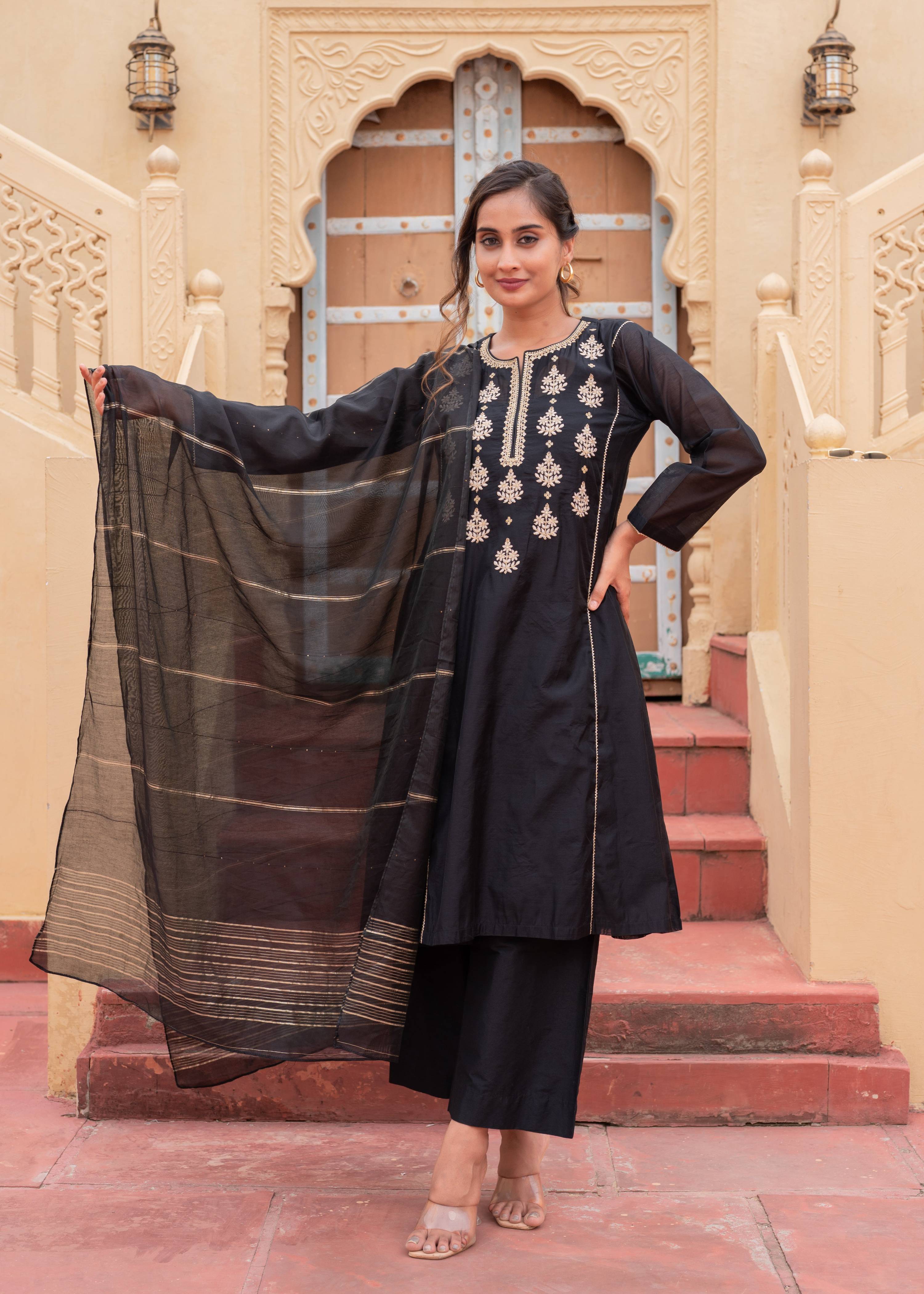 Juniper Man Made Fiber Black Embroidered Kurta Pant And Dupatta Set With Zari Work And Sequin