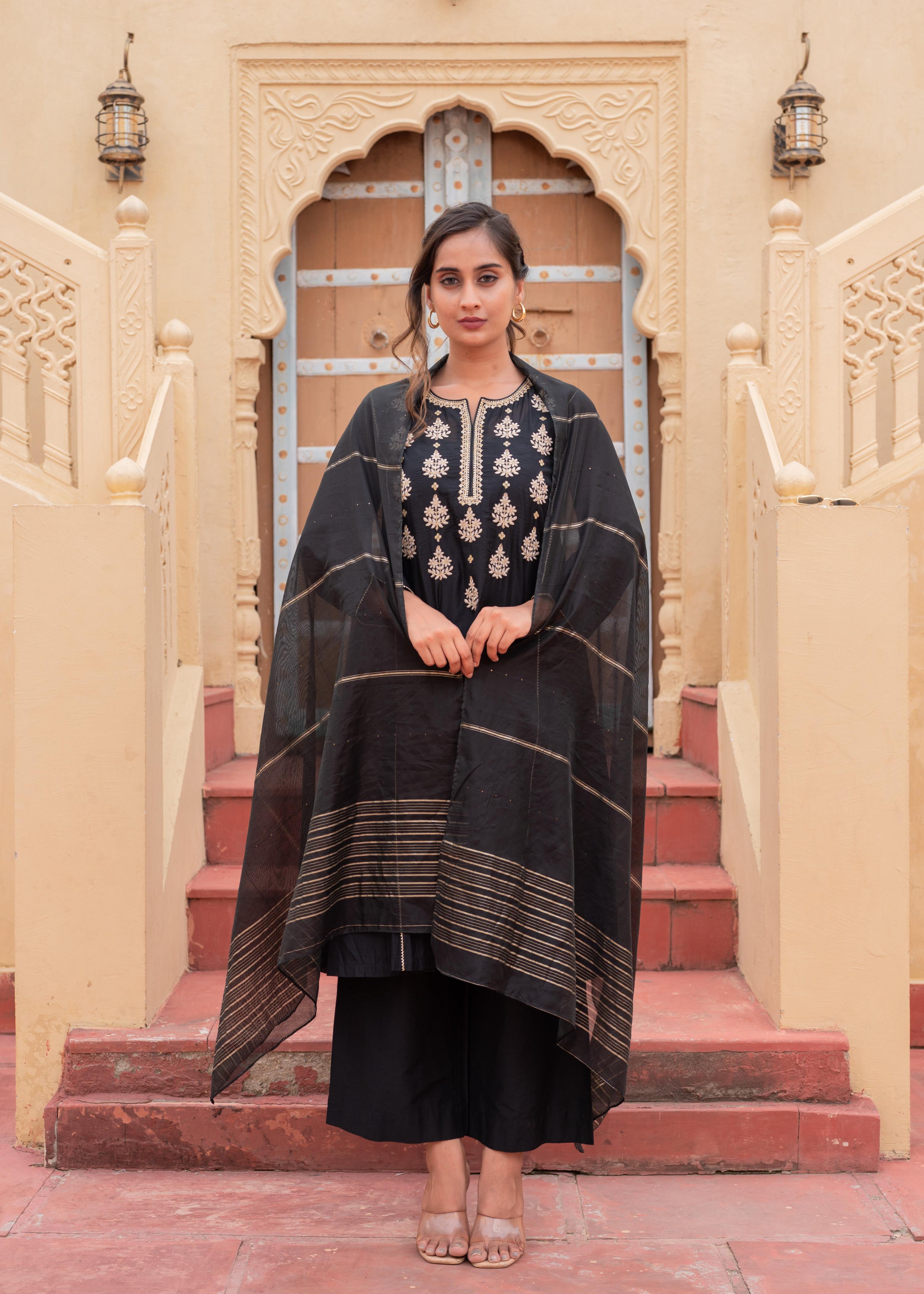 Juniper Man Made Fiber Black Embroidered Kurta Pant And Dupatta Set With Zari Work And Sequin