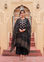 Thumbnail for Juniper Man Made Fiber Black Embroidered Kurta Pant And Dupatta Set With Zari Work And Sequin