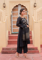 Thumbnail for Juniper Man Made Fiber Black Embroidered Kurta Pant And Dupatta Set With Zari Work And Sequin