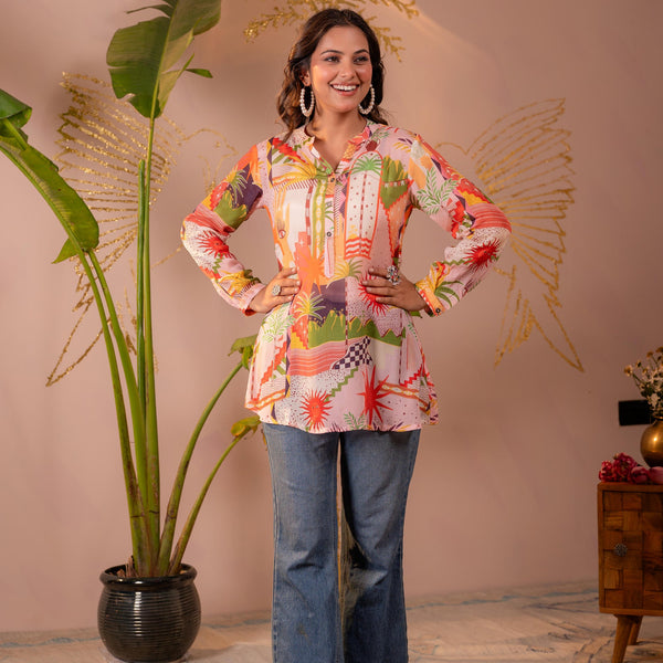 Juniper Abstract Printed Contemporary Tunic Top - Distacart