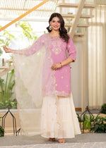 Thumbnail for Juniper Pastel Pink Embroidered Kurta Set With Ivory Sharara And Dupatta - Distacart