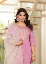 Thumbnail for Juniper Pastel Pink Embroidered Kurta Set With Ivory Sharara And Dupatta - Distacart