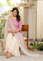 Thumbnail for Juniper Pastel Pink Embroidered Kurta Set With Ivory Sharara And Dupatta - Distacart