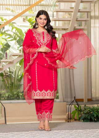 Juniper Viscose Fuchsia Embroidered Kurta Pant And Dupatta Set With Zari Work And Sequin