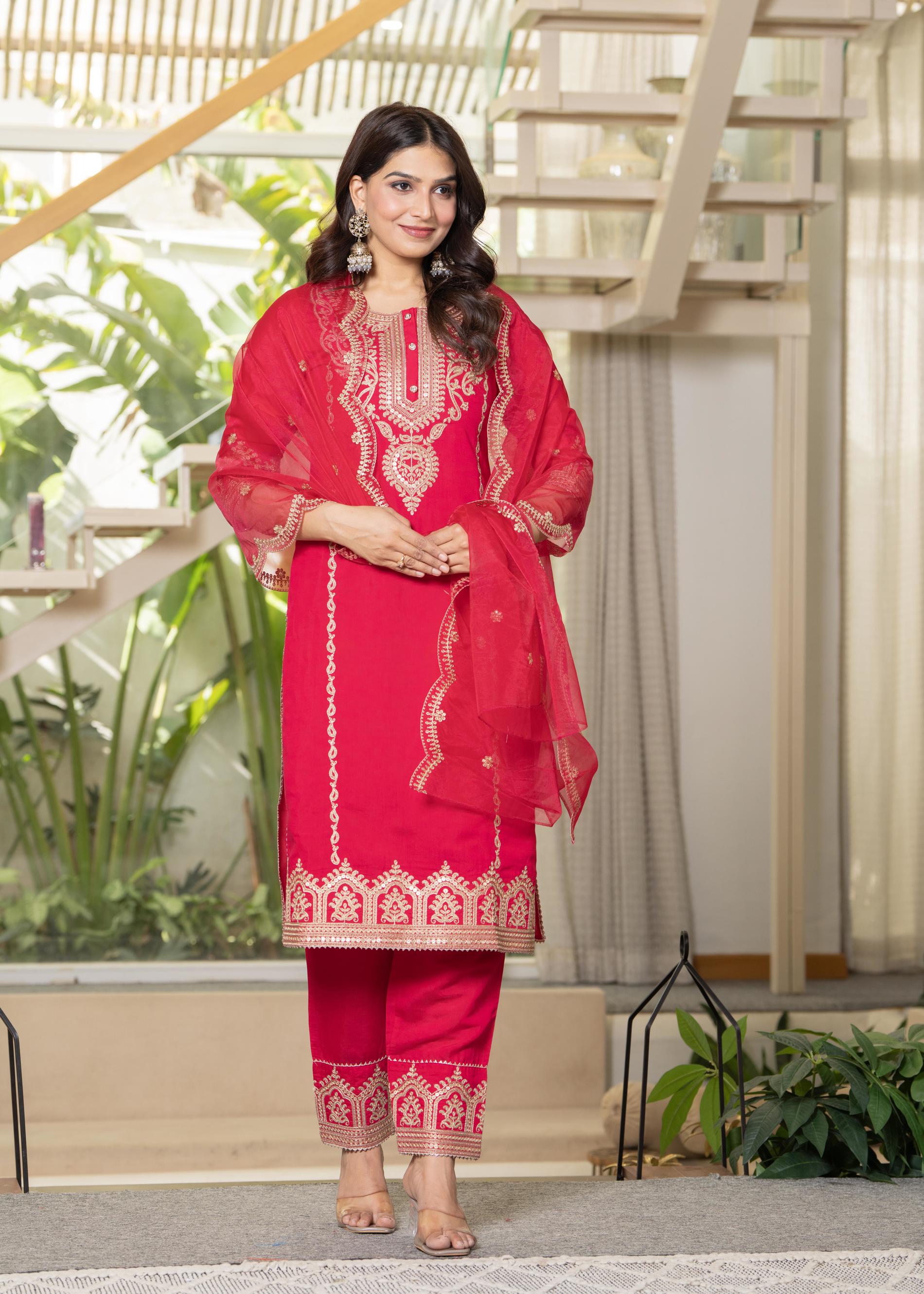 Juniper Viscose Fuchsia Embroidered Kurta Pant And Dupatta Set With Zari Work And Sequin