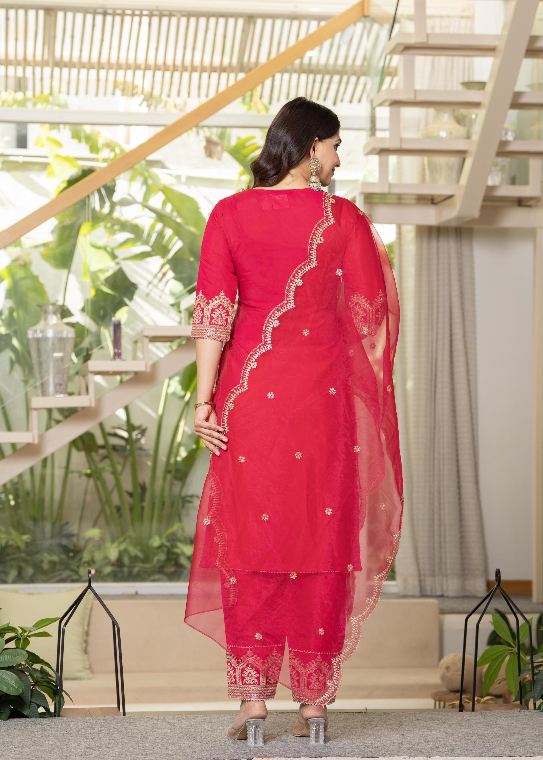 Juniper Viscose Fuchsia Embroidered Kurta Pant And Dupatta Set With Zari Work And Sequin