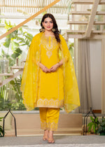 Thumbnail for Juniper Viscose Mustard Embroidered Kurta Pant And Dupatta Set With Zari Work And Sequin