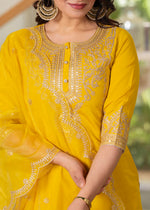 Thumbnail for Juniper Viscose Mustard Embroidered Kurta Pant And Dupatta Set With Zari Work And Sequin