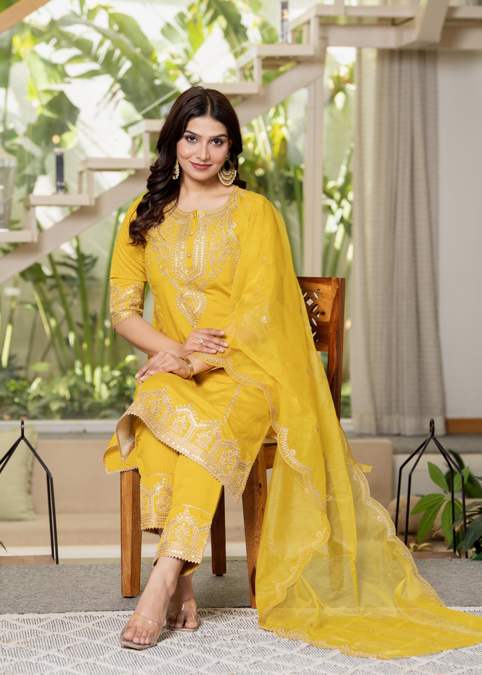 Juniper Viscose Mustard Embroidered Kurta Pant And Dupatta Set With Zari Work And Sequin