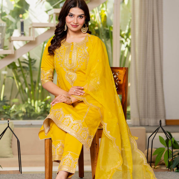 Juniper Viscose Mustard Embroidered Kurta Pant And Dupatta Set With Zari Work And Sequin