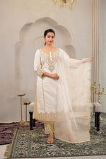 Thumbnail for Juniper Viscose Off White Embroidered Kurta Pant And Dupatta Set With Zari Work And Sequin
