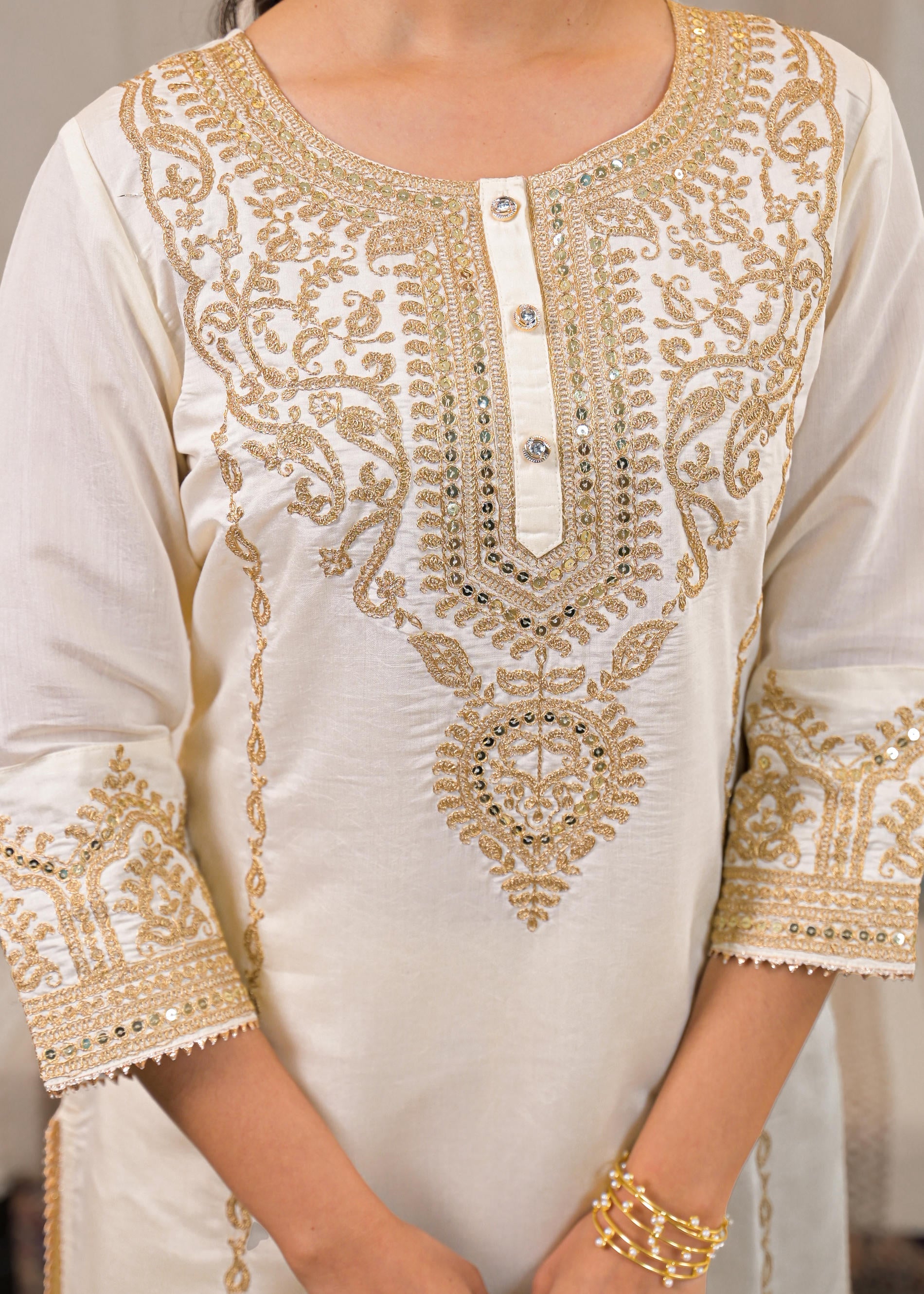 Juniper Viscose Off White Embroidered Kurta Pant And Dupatta Set With Zari Work And Sequin