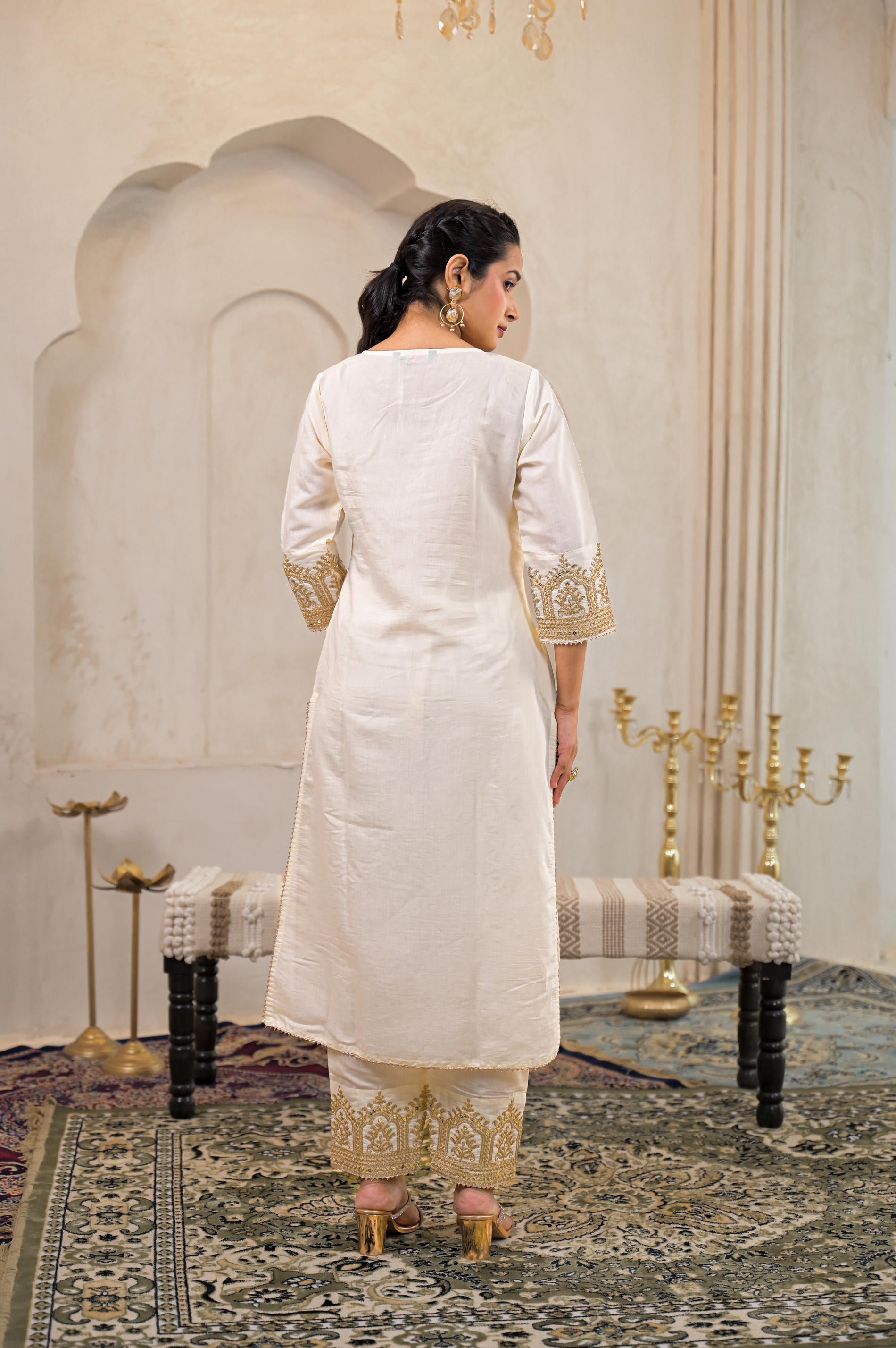Juniper Viscose Off White Embroidered Kurta Pant And Dupatta Set With Zari Work And Sequin