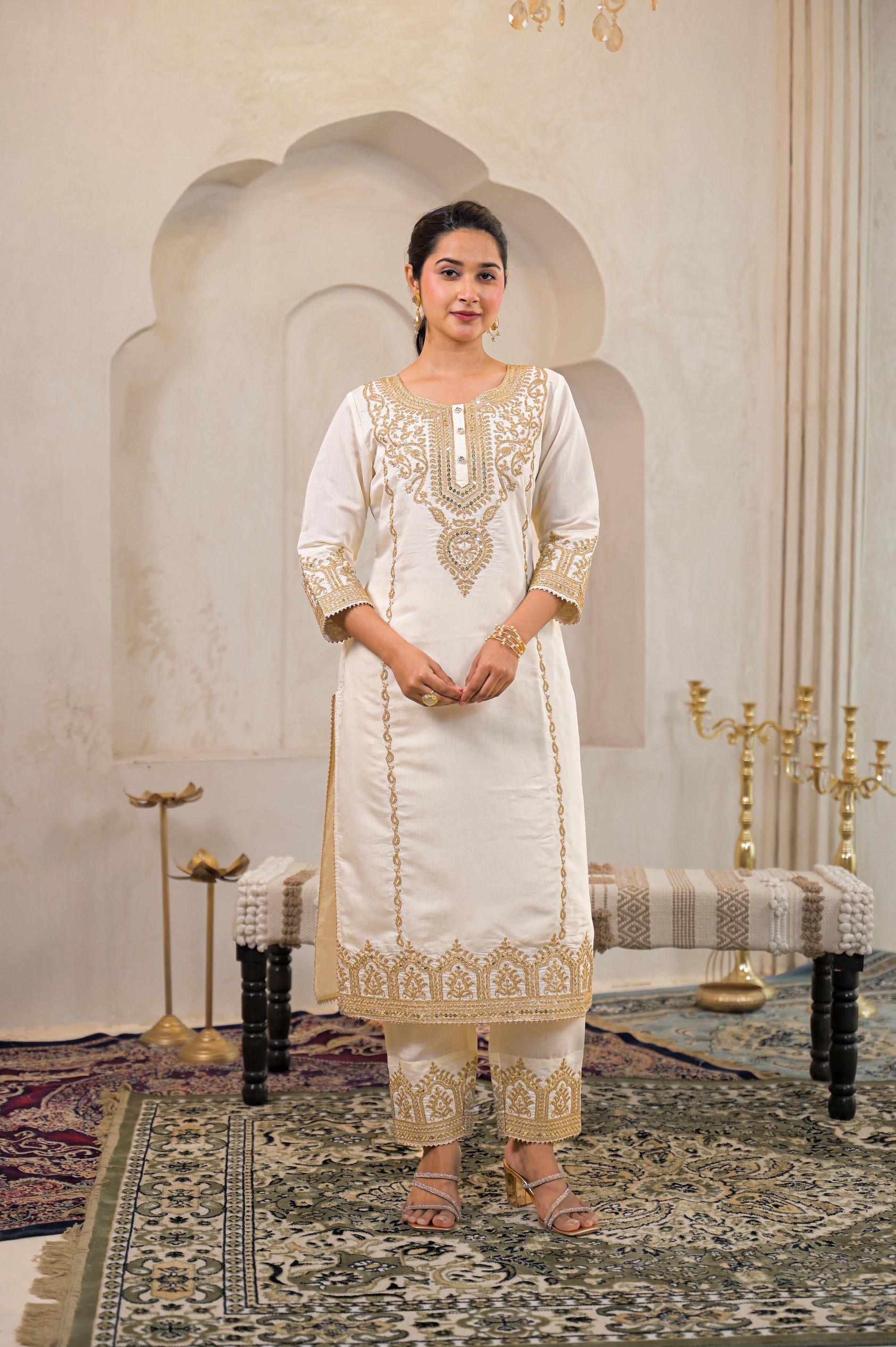 Juniper Viscose Off White Embroidered Kurta Pant And Dupatta Set With Zari Work And Sequin