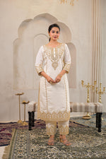 Thumbnail for Juniper Viscose Off White Embroidered Kurta Pant And Dupatta Set With Zari Work And Sequin