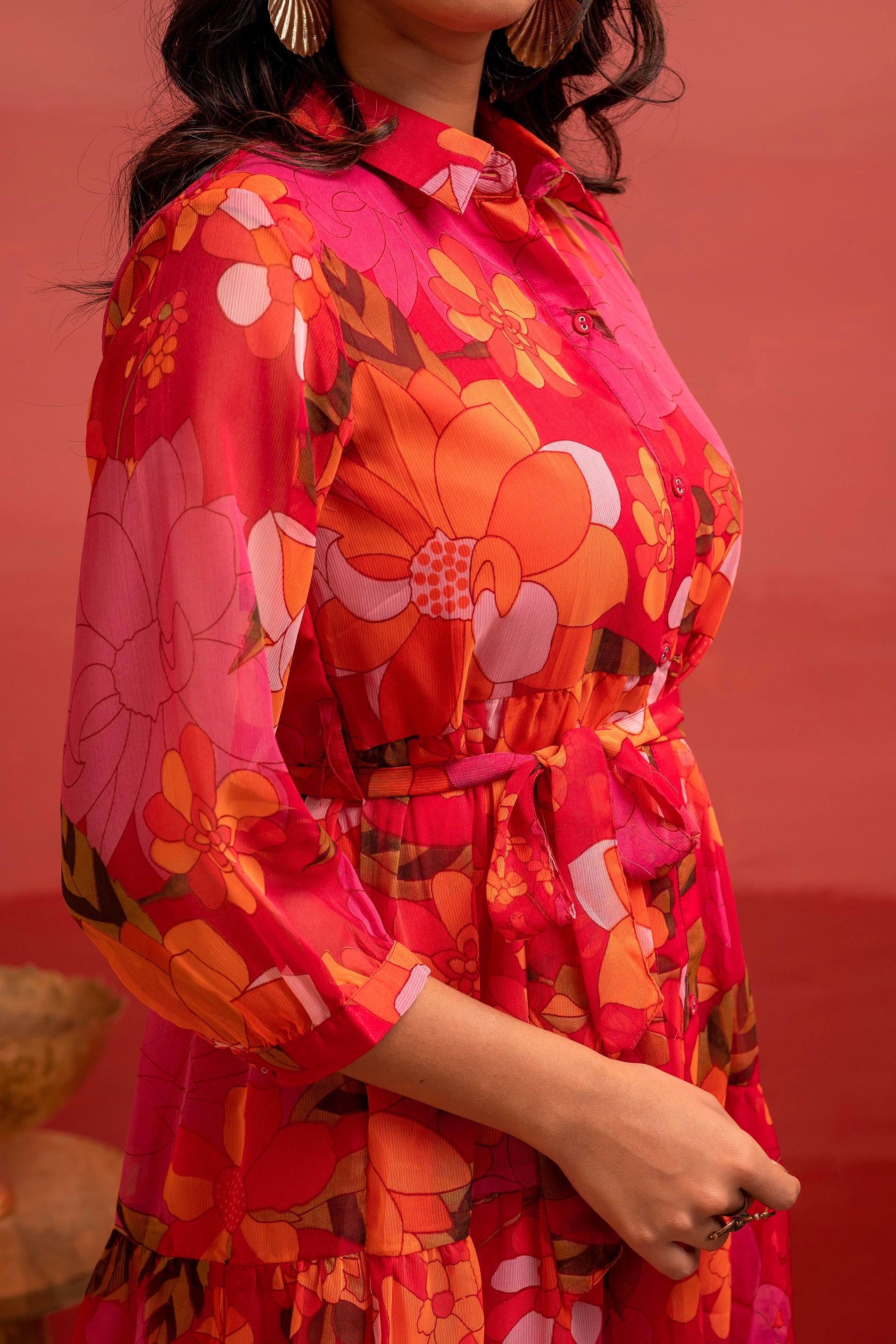 Juniper Man Made Fiber Fuchsia Floral Printed Short Dress With Belt