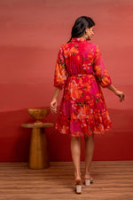 Thumbnail for Juniper Man Made Fiber Fuchsia Floral Printed Short Dress With Belt