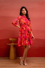 Thumbnail for Juniper Man Made Fiber Fuchsia Floral Printed Short Dress With Belt