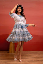 Thumbnail for Juniper White Floral Printed Man-Made Fiber Short Dress With Thread Work, Sequence, And Slip-On Style