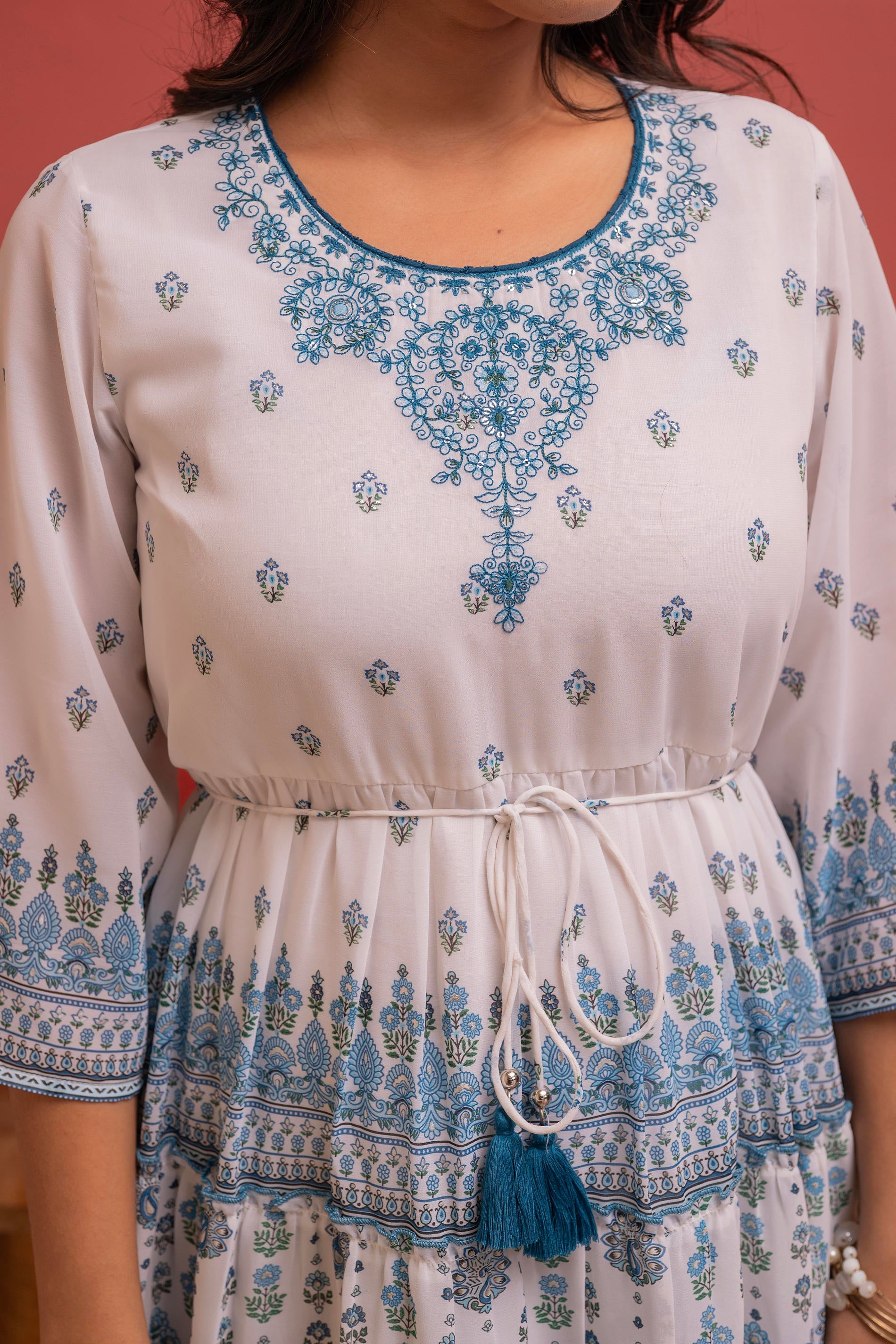 Juniper White Floral Printed Man-Made Fiber Short Dress With Thread Work, Sequence, And Slip-On Style