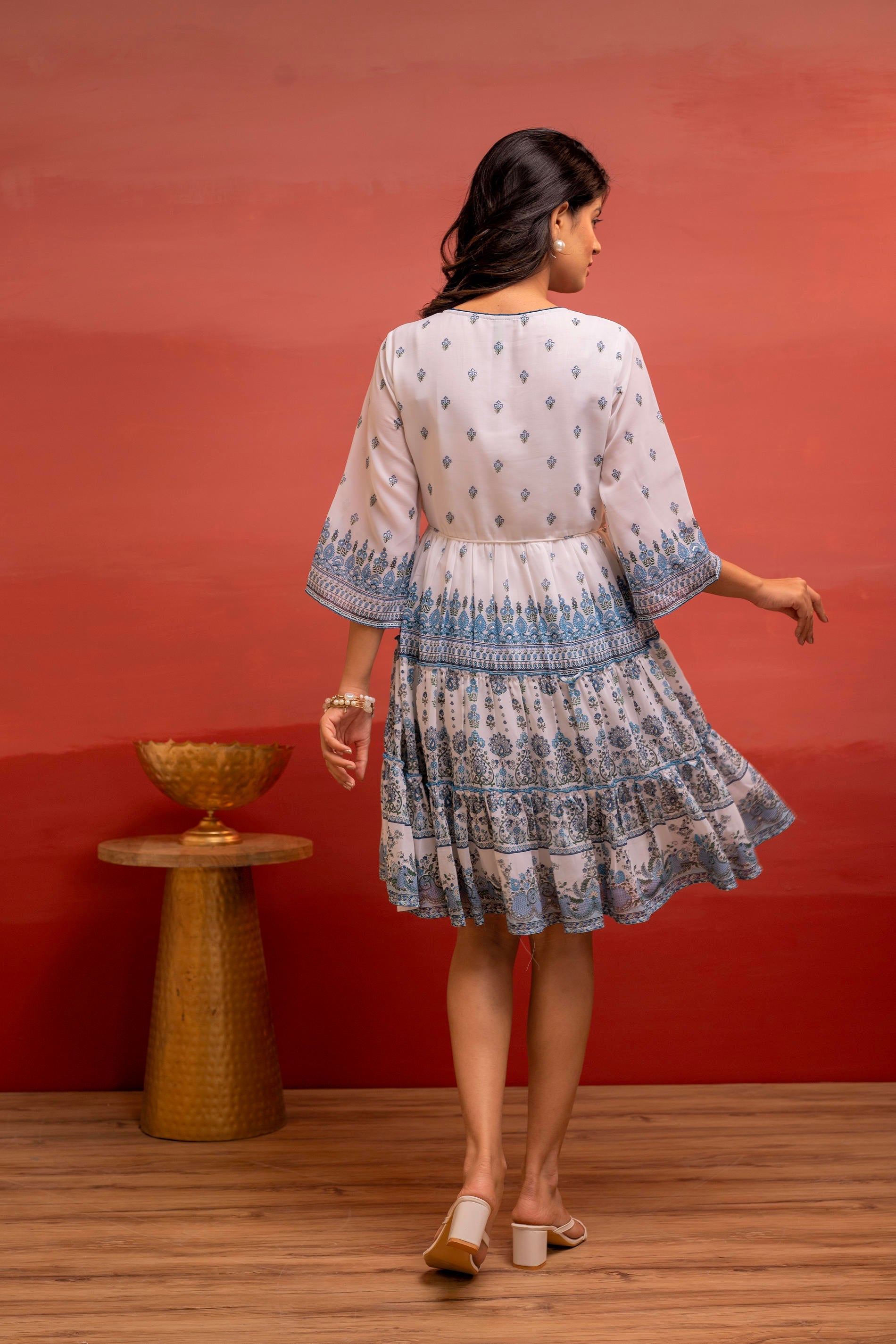 Juniper White Floral Printed Man-Made Fiber Short Dress With Thread Work, Sequence, And Slip-On Style