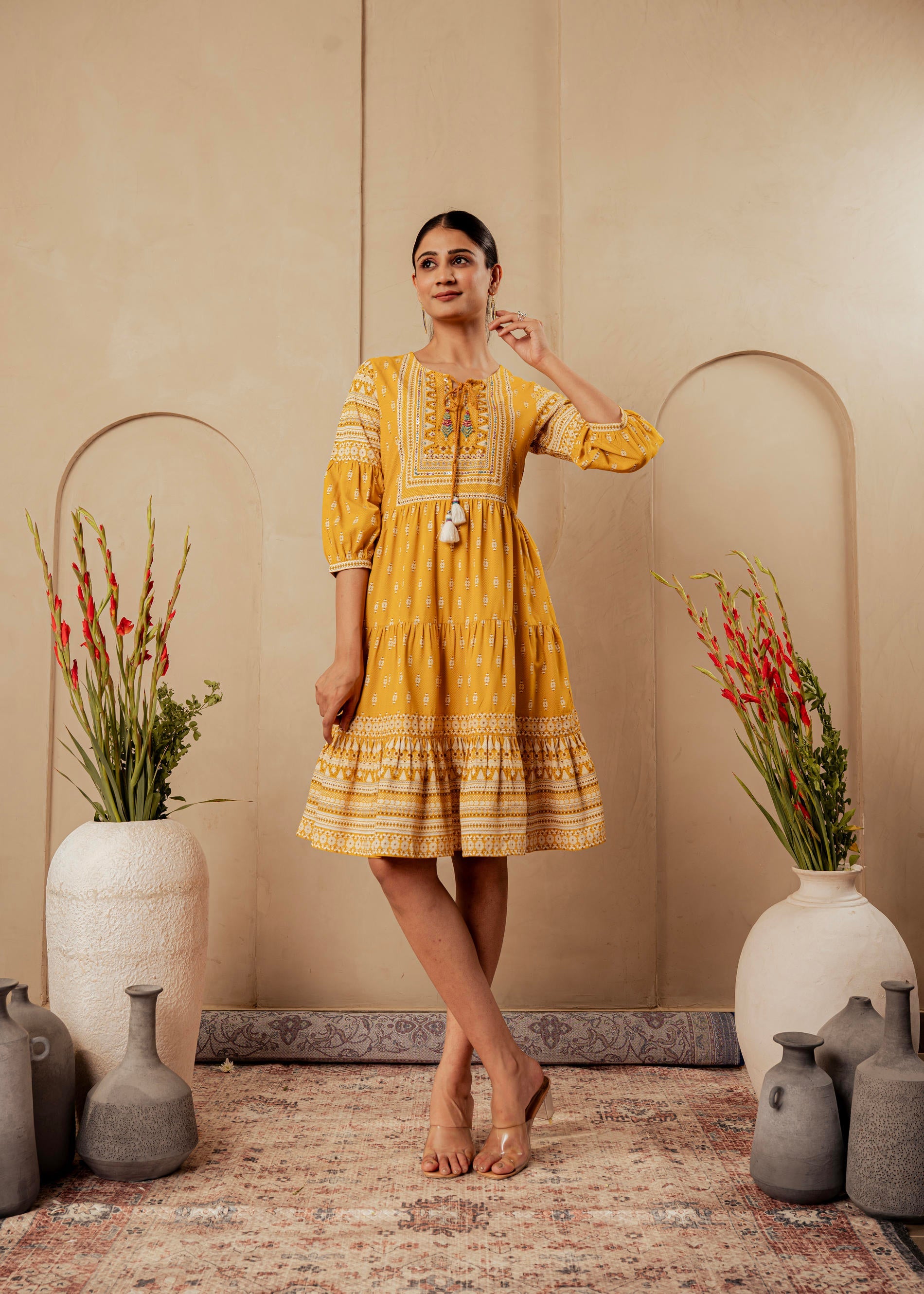Juniper Mustard Ethnic Motifs Viscose Tiered Short Dress With Beads, Sequence, Dori - Distacart