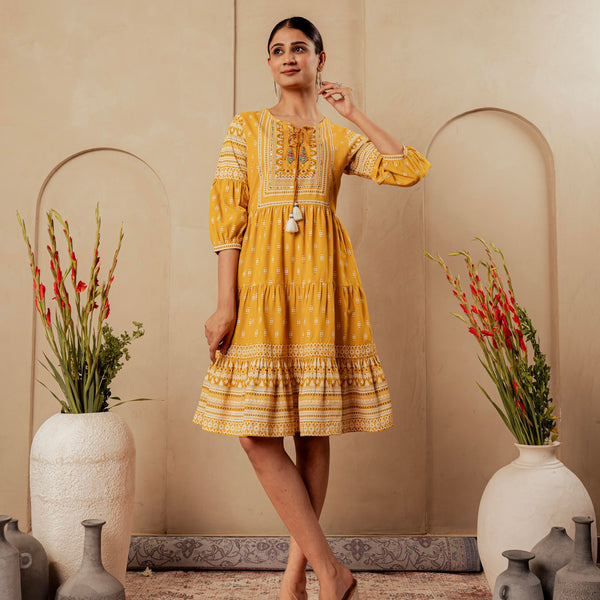 Juniper Mustard Ethnic Motifs Viscose Tiered Short Dress With Beads, Sequence, Dori
