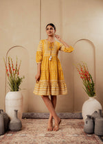 Thumbnail for Juniper Mustard Ethnic Motifs Viscose Tiered Short Dress With Beads, Sequence, Dori