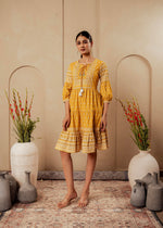 Thumbnail for Juniper Mustard Ethnic Motifs Viscose Tiered Short Dress With Beads, Sequence, Dori