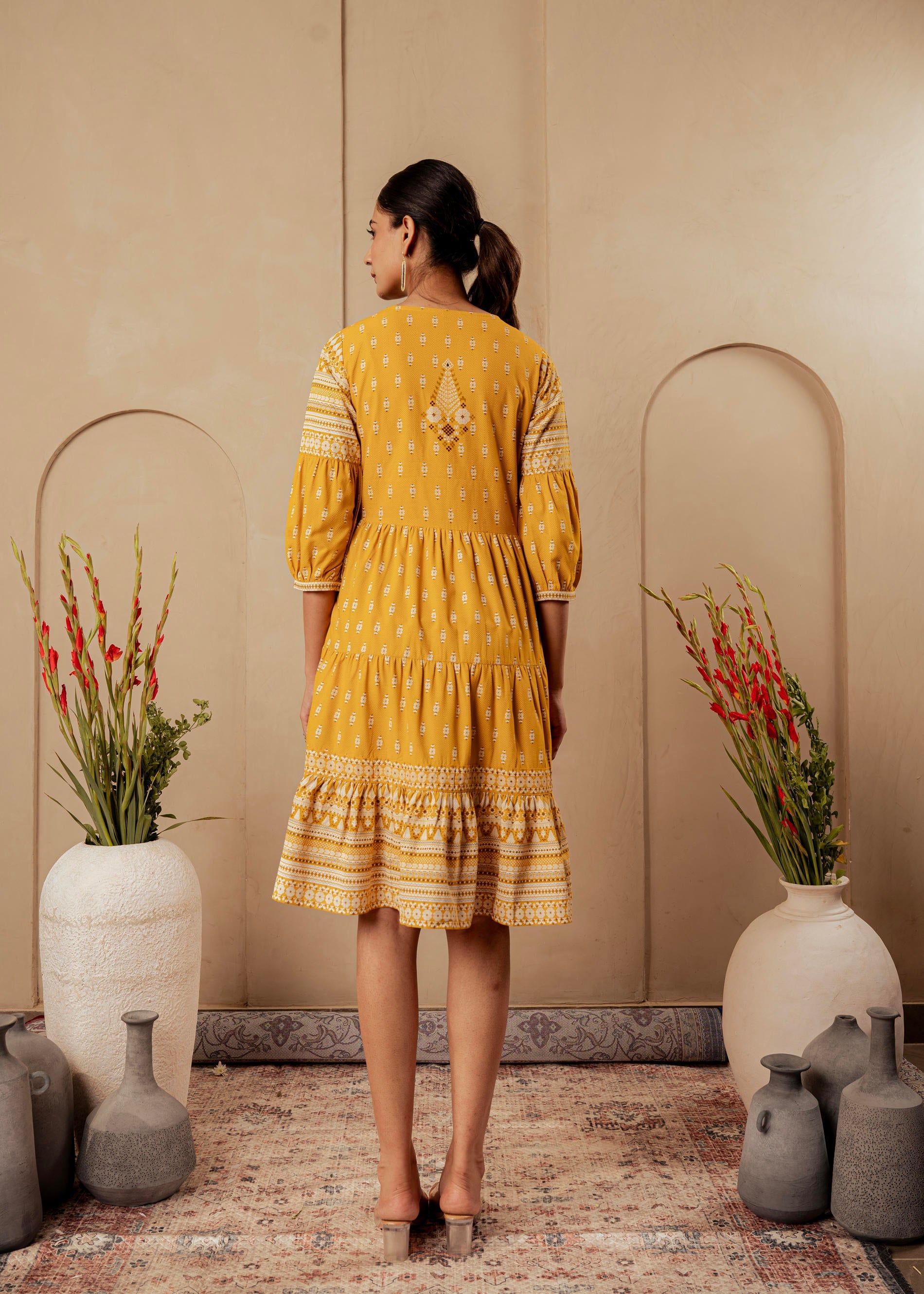Juniper Mustard Ethnic Motifs Viscose Tiered Short Dress With Beads, Sequence, Dori